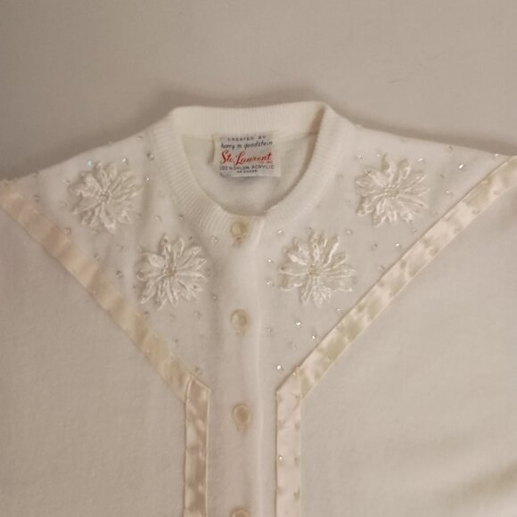 Ste Laurent Vintage White Embellished Crop 3/4 Sleeve Cardigan Sweater Women’s - Picture 1 of 16